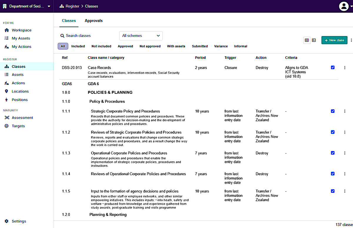 The register mapped to your disposal authority, every class with retention period, trigger, and disposal action